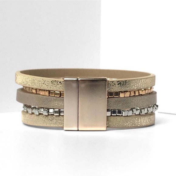 1 LEFT! Taupe Magnetic Blush Stone Beaded Faux Leather Strap Cute Bracelet - Picture 3 of 4